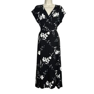 Old Navy Womens Wrap Midi Dress‎ S Black White Floral Stretch Brunch Feminine